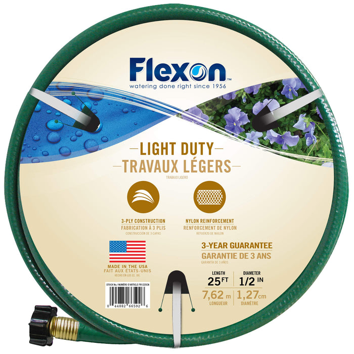 Flexon FR1225CN 1/2" x 25ft Light Duty Garden Hose – Lightweight, Flexible, Kink-Resistant, Durable Vinyl, Leak-Proof Couplings, Weather-Resistant Water Hose for Lawn, Garden, and Outdoor Use