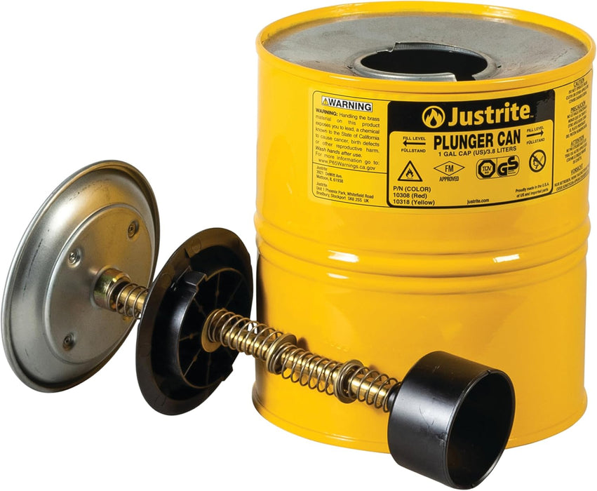 Justrite Plunger Can for Solvents, 1 Gallon Capacity, 10.5" x 7.25" Steel Push-Down Solvent Dispenser Can, Yellow - 10318