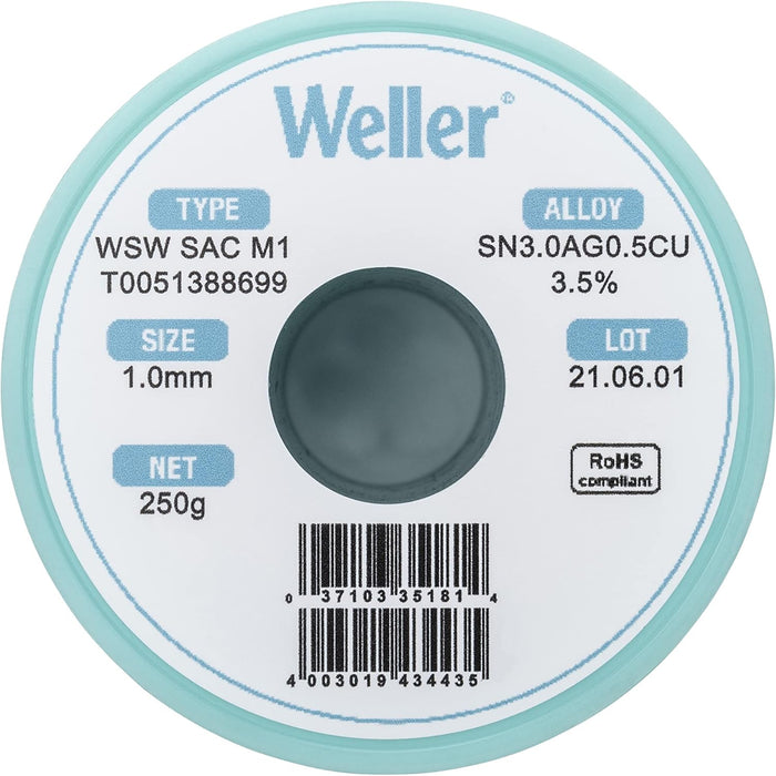 Weller T0051402499 WSW SAC M1 Lead Free Solder Wire, Dia: 1.0 mm / 0.039 in, Wt: 100 g / 3.527 oz, Alloy Sn96.5Ag3.0Cu0.5, Flux content 3.5% Halide Flux