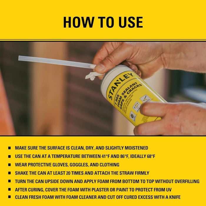 Stanley F905 Gaps & Cracks Sealant, Polyurethane Spray Foam Insulation for Window & Door, Waterproof Gap Filler, Low Expansion Foam for Indoor & Outdoor Use, Straw Use, 12 Oz. (Pack of 1)