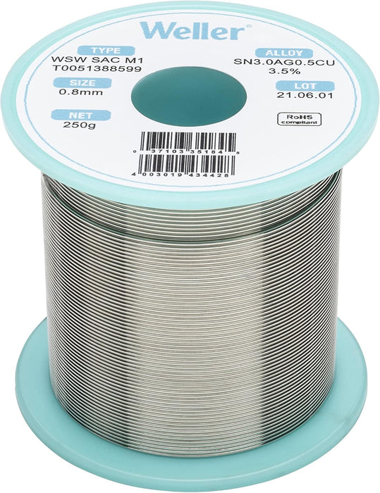 Weller WSW SAC M1 Lead-Free Solder Wire, 0.8 mm / 0.039 in Diameter, 250 g / 8.818 oz Weight, Sn96.5Ag3.0Cu0.5 Alloy, 3.5% Flux Content - T0051388599
