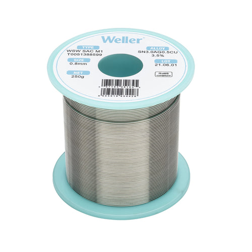 Weller WSW SAC M1 (T0051386399) Lead Free Solder Wire, Dia: 0.8 mm / 0.039 in, Wt: 500 g / 17.637 oz, Alloy Sn96.5Ag3.0Cu0.5, Flux content 3.5% Halide Flux .8 mm 500 gram