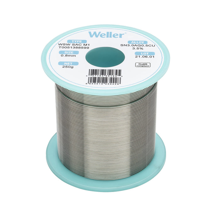 Weller WSW SAC M1 Lead-Free Solder Wire, 0.8 mm / 0.039 in Diameter, 250 g / 8.818 oz Weight, Sn96.5Ag3.0Cu0.5 Alloy, 3.5% Flux Content - T0051388599