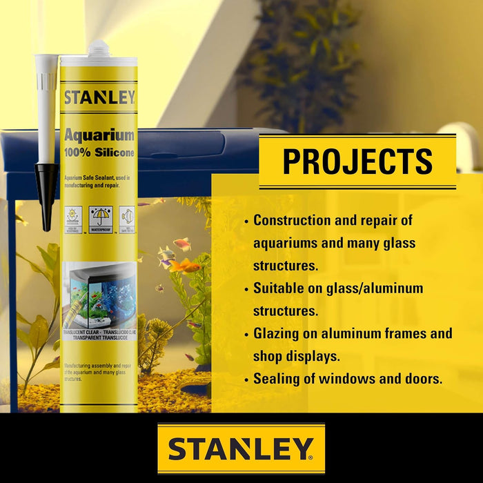 Stanley S420 Aquarium Silicone Sealant Clear, 10.1 Fl. Oz. Fish Tank Safe, Waterproof Bond to Glass, High Elasticity, Non-Toxic Aquarium Sealer for Freshwater & Saltwater (Pack of 1)