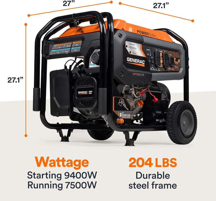 Generac 8011 GP7500E 7,500-Watt Dual-Fuel Compatible Portable Generator, Gas and Propane, COsense Technology with Electric Start, Powerrush Advanced Technology