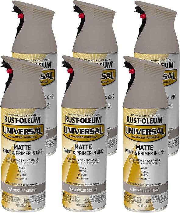 Rust-Oleum 376724 Universal All Surface Spray Paint, 12 oz, Matte Farmhouse Greige (Pack of 6)