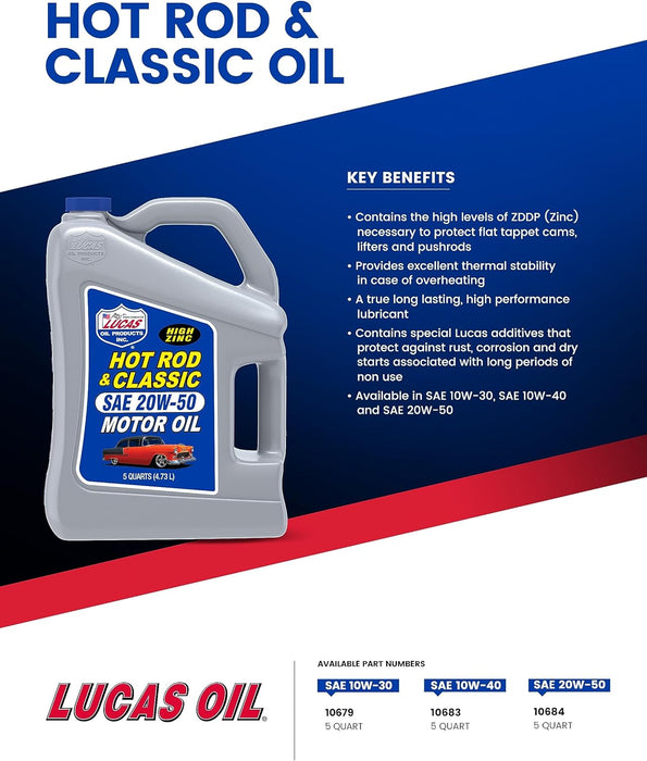 Lucas Oil 10679 Hot Rod & Classic Car SAE 10W-30 Motor Oil - 5 Quart
