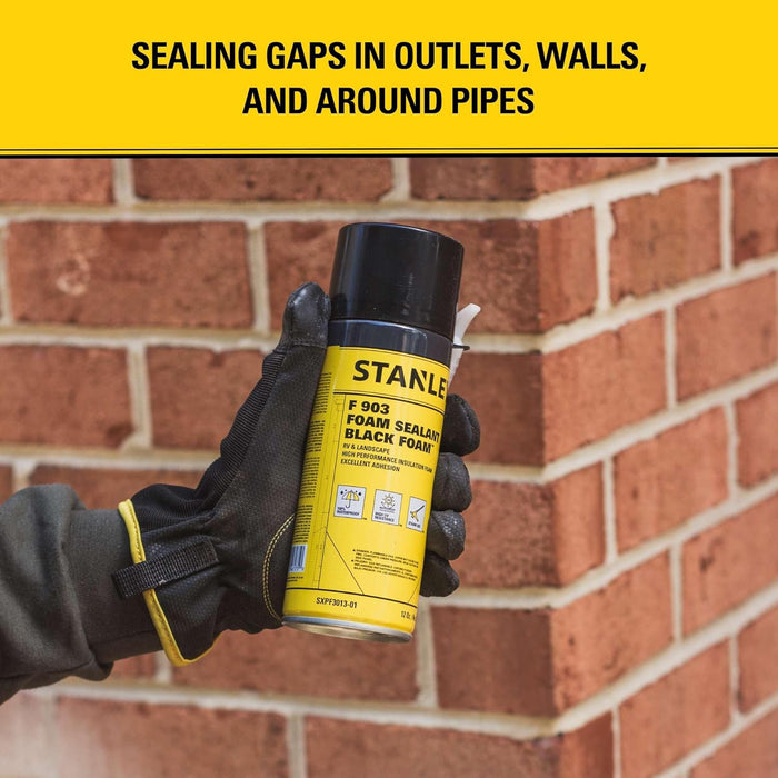 Stanley F903 Black Spray Foam Sealant, 12 oz, Waterproof Expanding Polyurethane Foam for RV, Pond, Waterfall, Landscape & Automotive Applications, UV Resistant, Gap Filler Foam (Pack of 1)
