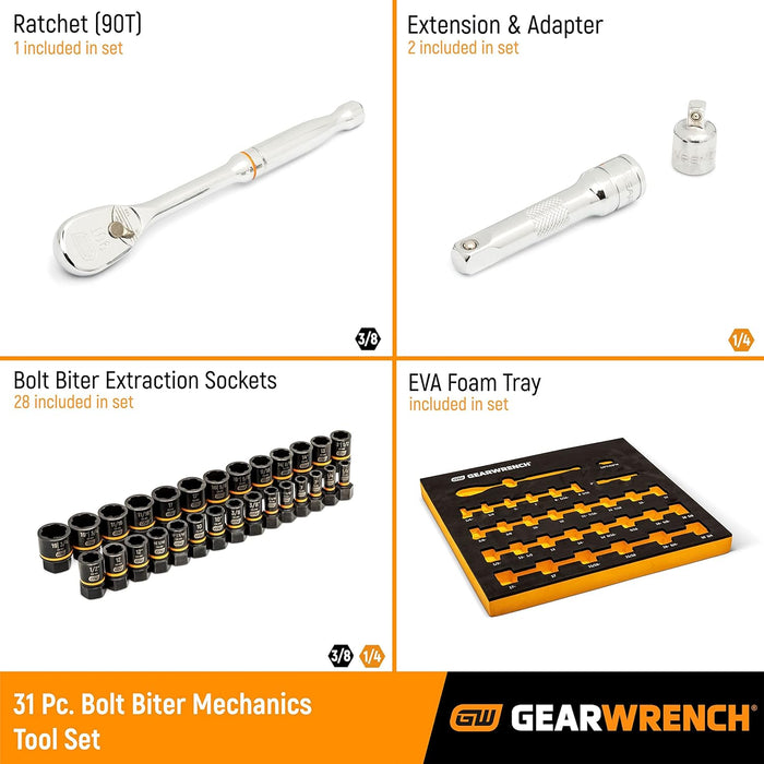 GEARWRENCH 86525 31 Piece Bolt Biter Ratchet Socket Set MM/SAE with EVA Foam Tray