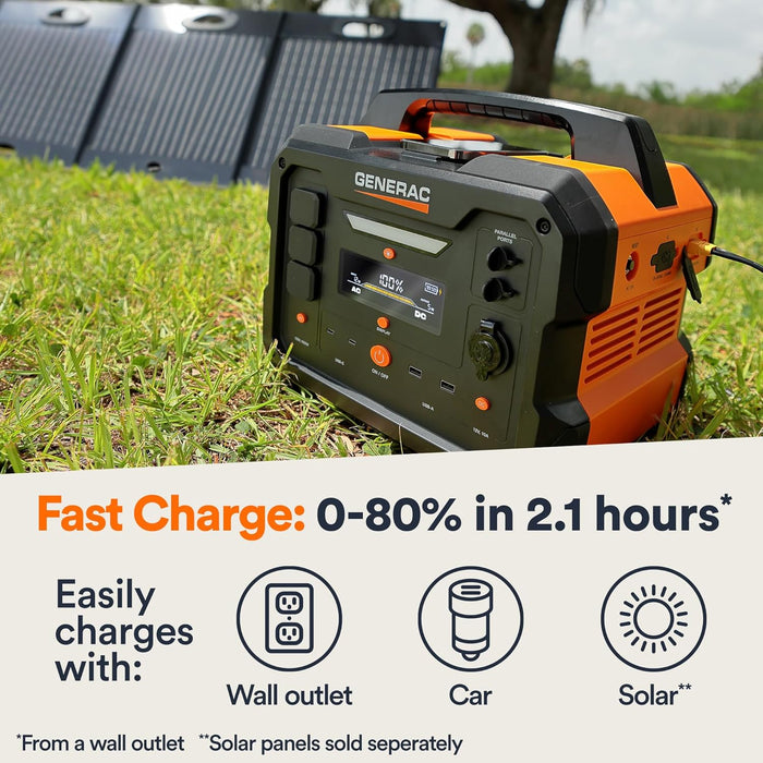 Generac (8025) GB1000 1086Wh Portable Power Station with Lithium-Ion Battery, Clean Emission-Free Power - Wireless Charging Pad and Compact Design, Camping, RV, Indoor/Outdoor Use, Orange/Black