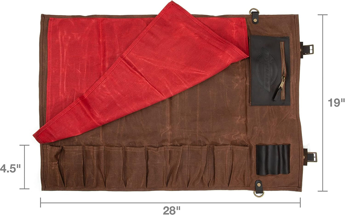 Dickies 57123 Chef Knife Roll Bag Portable Organizer and Cutlery Storage Roll, Waxed Canvas and Leather