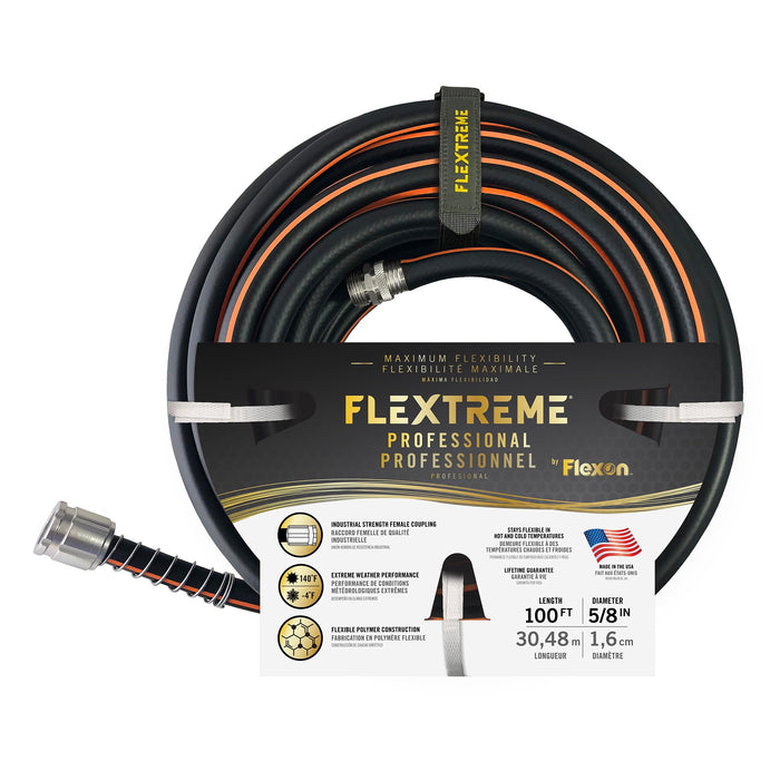 Flexon Flextreme Pro 5/8" x 100ft Performance Rubber Garden Hose, Heavy-Duty, Kink-Resistant, All-Weather Flexibility, Industrial-Grade Couplings
