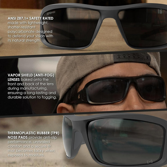 EDGE Brazeau Safety Glasses, Polarized Lenses, Non-Slip, Impact/Scratch Resistant, 99.9% UV Protect, ANSI Z87 Rated (Black, Polarized Smoke Vapor Shield)