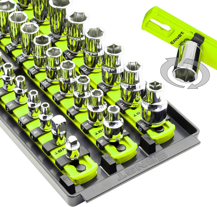 Ernst Manufacturing 8460HV Socket Boss 3-Rail Multi-Drive Socket Rail Organizer with Tray, 18-Inch, High-Visibility - Made in USA