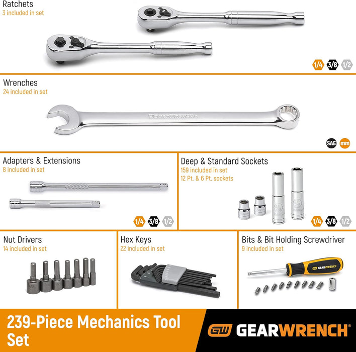 GEARWRENCH 239 Pc. BMC Mechanics Tool Set 1/4, 3/8, 1/2 - 80942