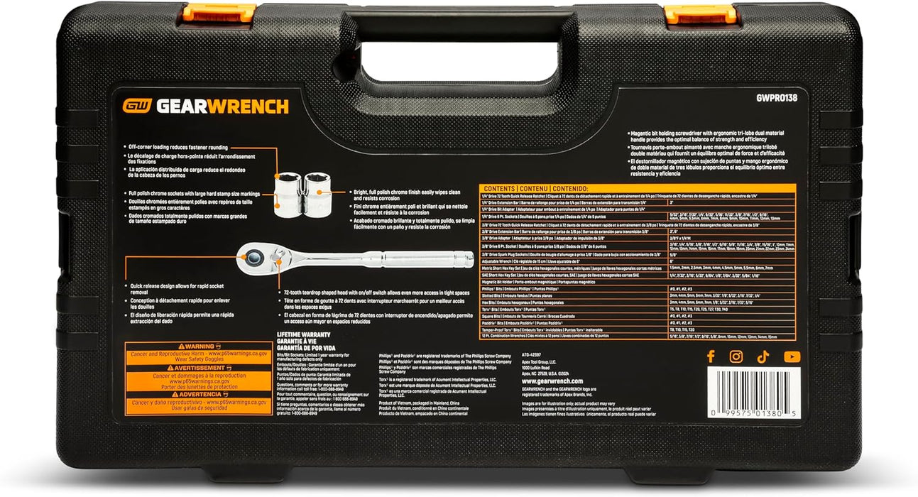 GEARWRENCH GWPRO138 138 Piece 1/4" & 3/8" Drive 72-Tooth 6 Point Professional Tool Set