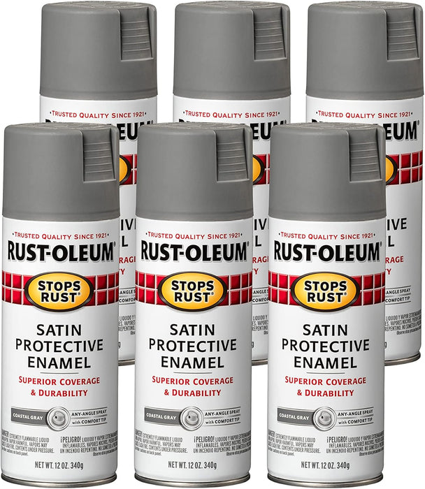 Rust-Oleum 312819 Stops Rust Spray Paint, 12 oz, Satin Coastal Gray (Pack of 6)