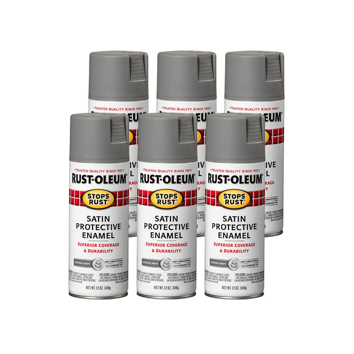 Rust-Oleum 312819 Stops Rust Spray Paint, 12 oz, Satin Coastal Gray (Pack of 6)