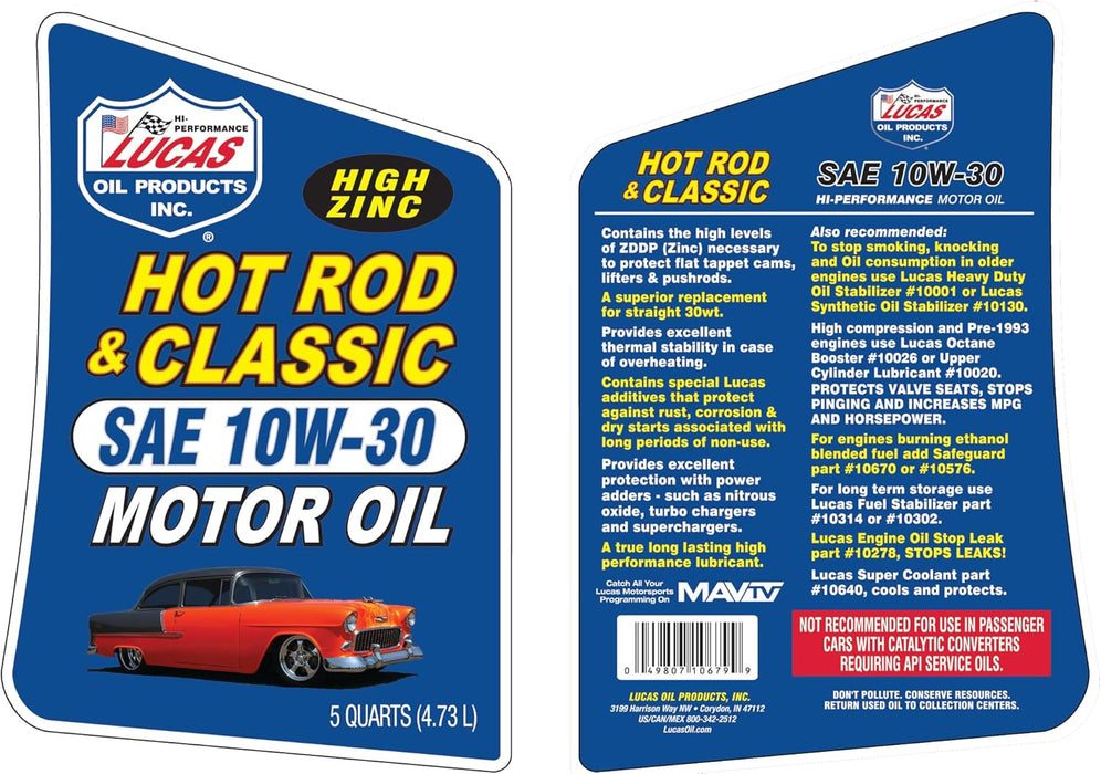 Lucas Oil 10679 Hot Rod & Classic Car SAE 10W-30 Motor Oil - 5 Quart