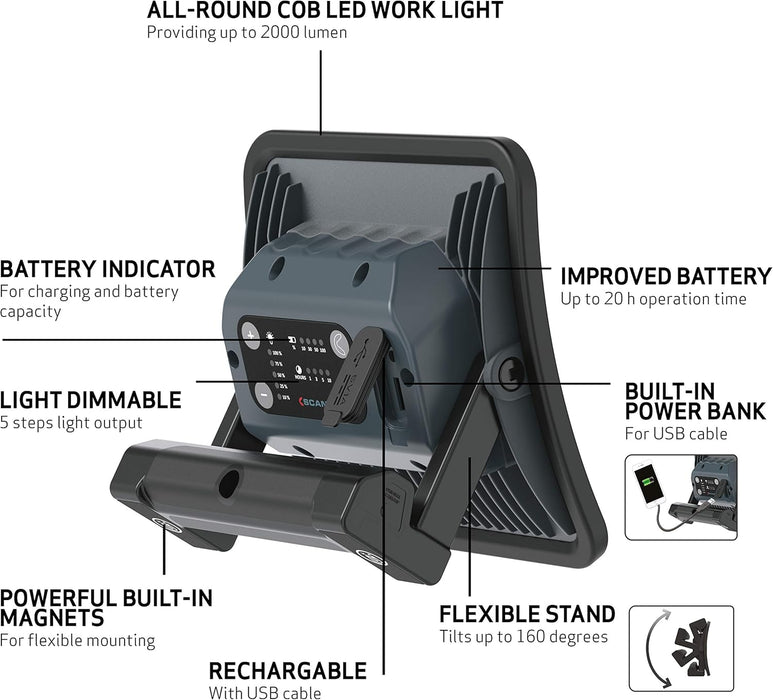 Scangrip 03.5456US NOVA R, Compact Rechargeable 2000 Lumen Floodlight