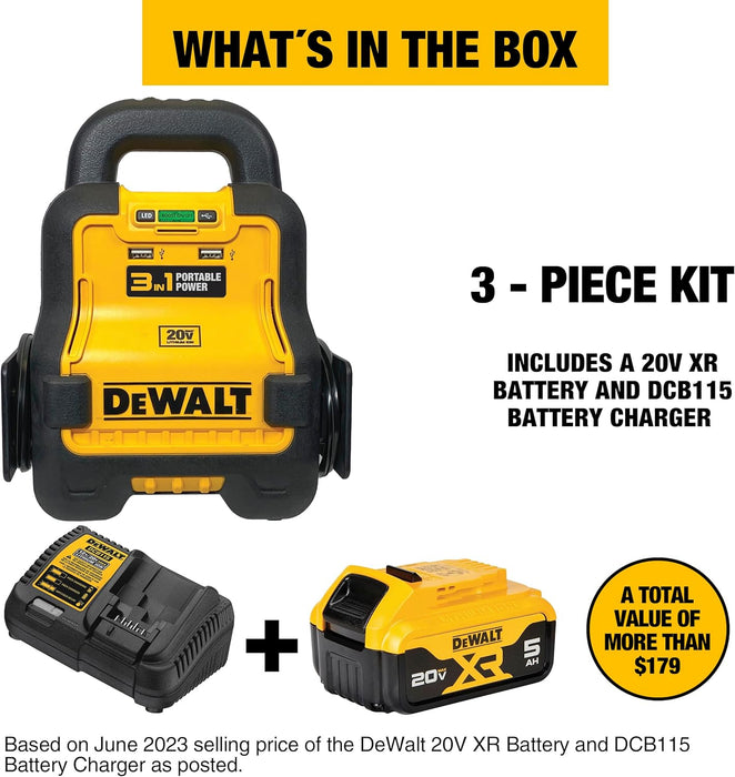 DEWALT DXAE20VBBK Battery Booster with 20V XR 5 AH Lithium-Ion Battery and DCB115 Battery Charger