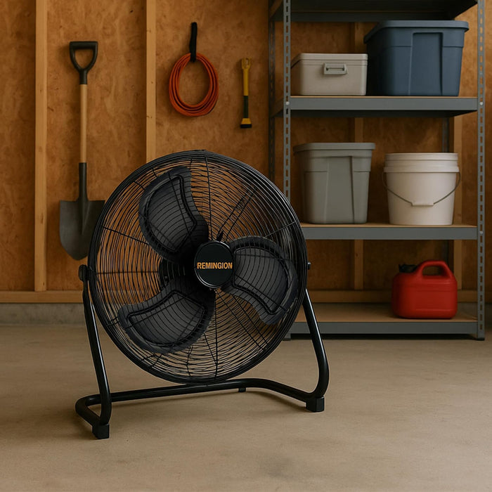 Remington 20REM-F High Velocity Floor Fan, 3 Speed Portable Cooling Unit, Heavy Duty Metal Airflow for Large Shops, Garages, and Warehouses, 20 Inch, Black