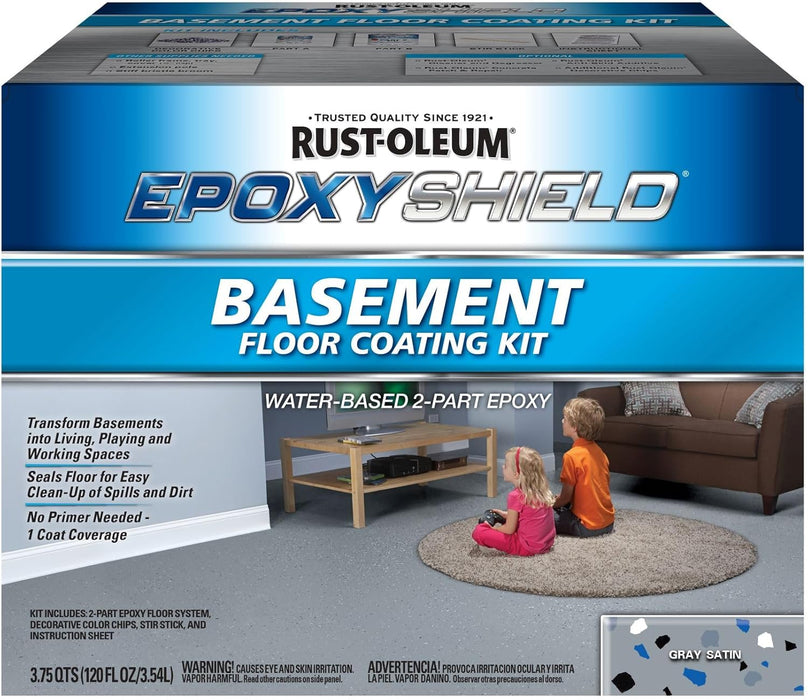 Rust-Oleum 391282 EpoxyShield Basement Floor Coating Kit, Gallon, Gray Satin