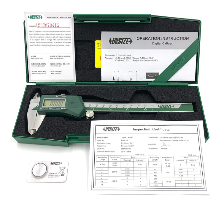 INSIZE 1108-150CAL Electronic Caliper with ISO17025 Calibration Certificate, 0-6"