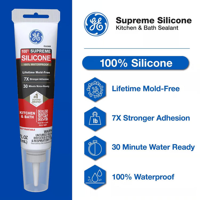 GE Supreme Silicone Caulk for Kitchen & Bathroom, White, 2.8 fl oz Tube, 100% Waterproof Silicone Sealant, 7X Stronger Adhesion, Shrink & Crack Proof