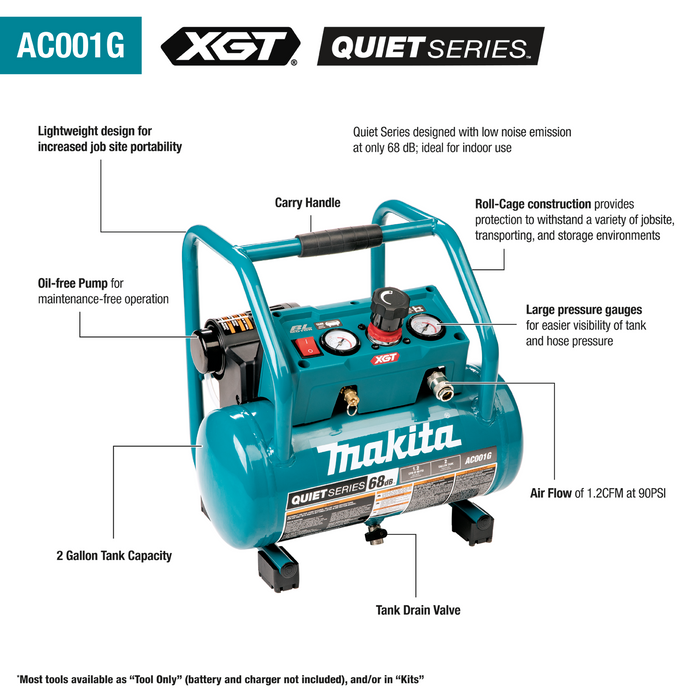Makita (AC001GM1) 40V MAX XGT Brushless Cordless 2 Gallon Quiet Series Compressor Kit (4.0Ah)