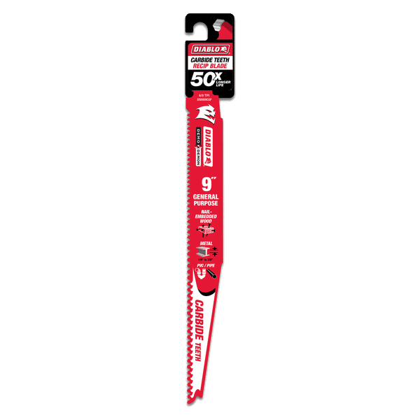 Diablo DS0909CGP Demo Demon Carbide Teeth Reciprocating Saw Blade for General Purpose Cuts - 9" Length, Carbide Tooth Design, 6/9 TPI