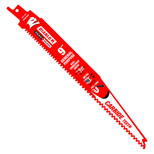 Diablo DS0909CGP Demo Demon Carbide Teeth Reciprocating Saw Blade for General Purpose Cuts - 9" Length, Carbide Tooth Design, 6/9 TPI