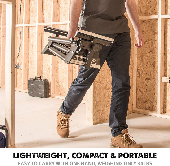 Evolution Power Tools EVOMS1 Miter Saw Stand Compact & Folding, Universal Fits Most Brands, Quick Release Mounting Brackets, Rollers, End Stops for Repeat Cutting , Black