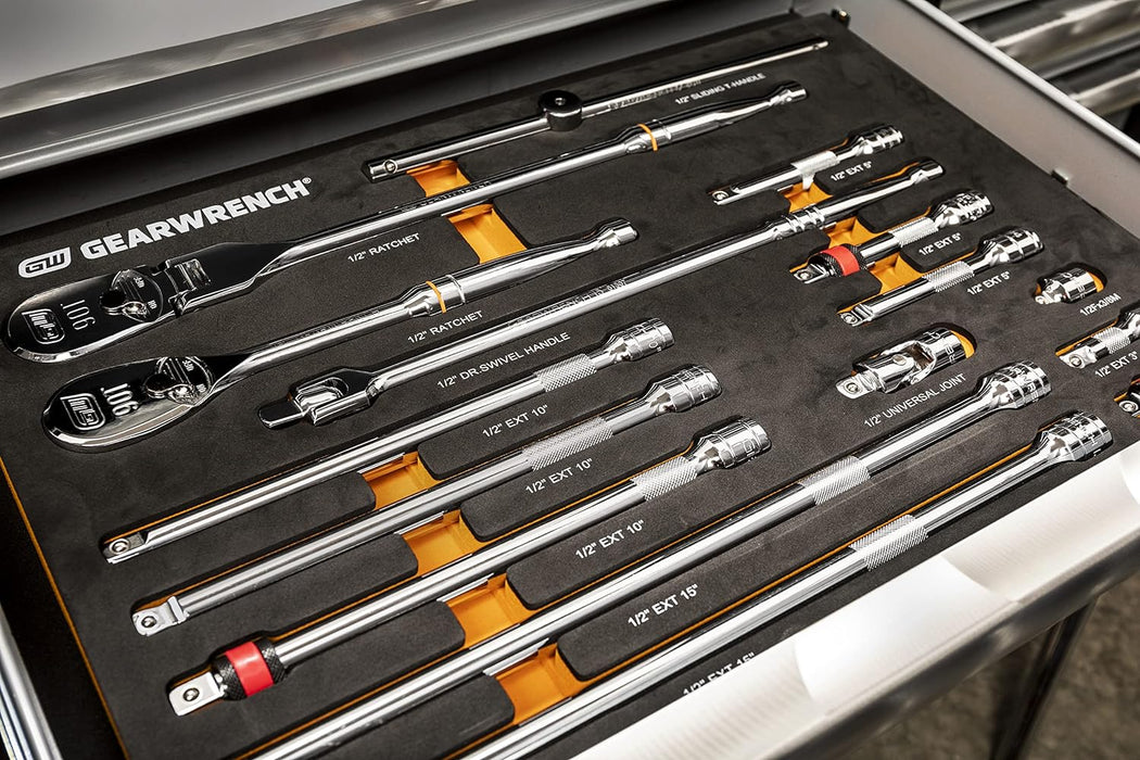 GEARWRENCH 86522 16 Piece 1/2" 90T Ratchet & Drive Tool Set with EVA Foam Tray