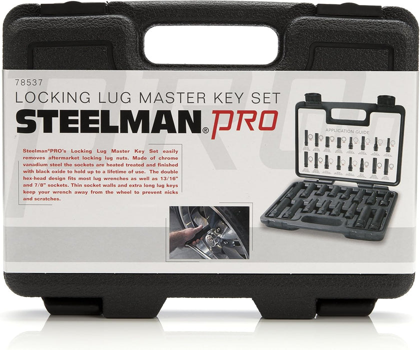 Steelman Pro 78537 16-Piece Locking Lug Nut Master Key Set for Auto Mechanics Variety of Spline Star and Hex Style Keys, Thin-Walled/Extra-Long Lug Keys, Double-Hex Heads