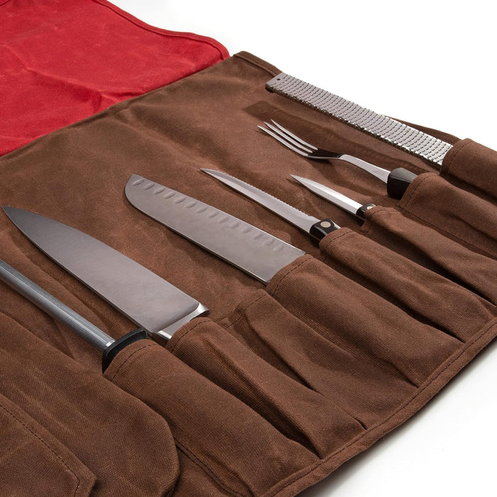 Dickies 57124 Chef Knife Roll Bag Portable Organizer and Cutlery Storage Roll, Waxed Canvas and Leather, Medium