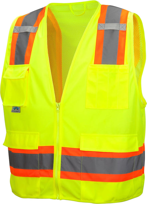 Pyramex RVZ2410X2 Class 2 Surveyor's Safety Vest with 6 Pockets, Hi-Vis Lime, 2XL