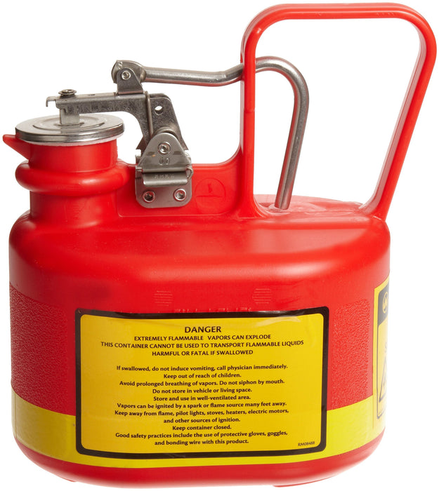 Justrite 14065 1/2 Gallon, 4 5/8" x 7 5/8" x 9.50" Size Type I Red Oval Polyethylene Safety Can with Stainless Steel Hard