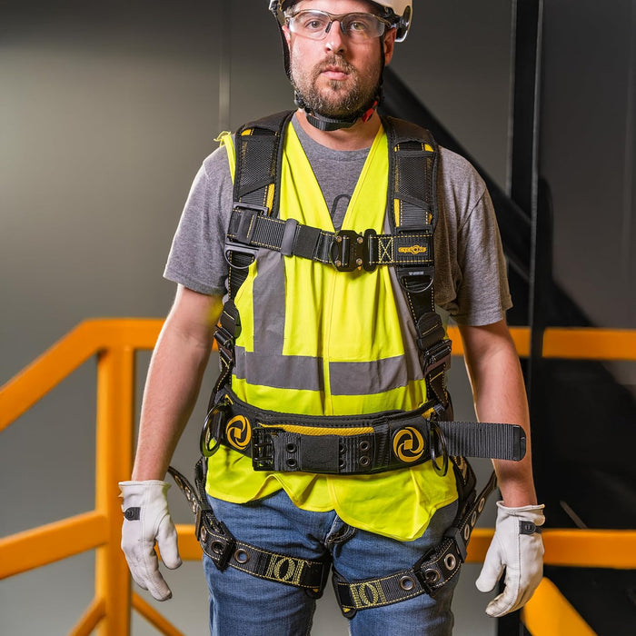 Guardian 21030 Cyclone Construction Harness with Waist Pad - Side D-Rings - OSHA & ANSI Compliant - Black/Yellow - Medium/Large Harness