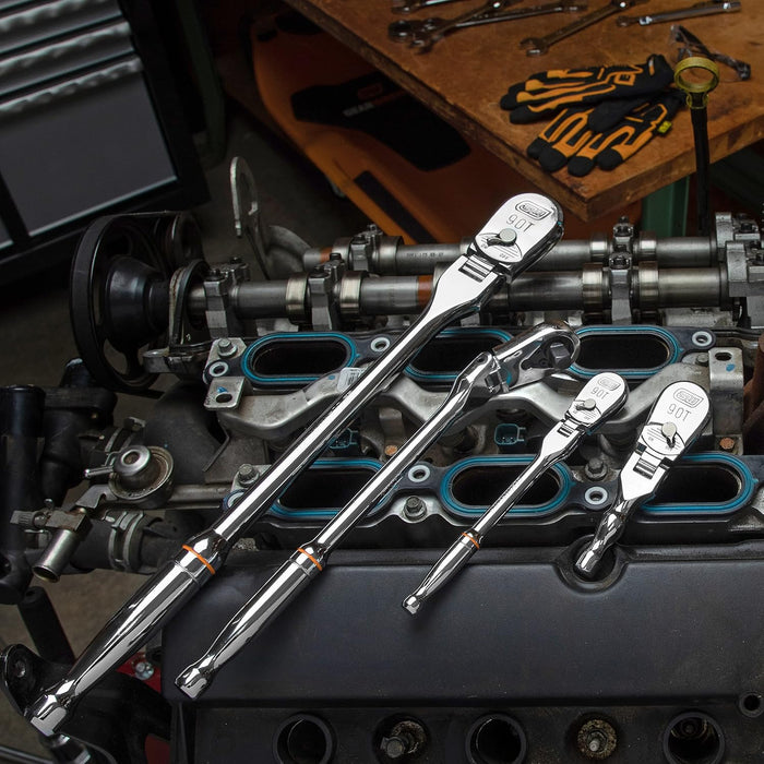 GEARWRENCH 81230T 4 Piece 1/4", 3/8" & 1/2" Drive 90 Tooth Full Polish Flex-Head RATCHET Set