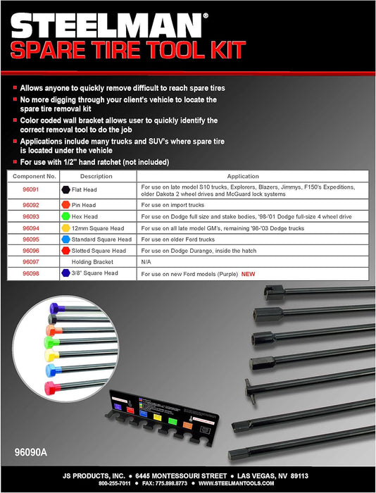 Steelman 96090A 7-Piece Spare Tire Retrieval Tool Kit, Lower and Raise Cradle-Suspended Tires, Flat, Pin, Hex, 12-mm Square, Slotted, ⅜-inch Square Heads