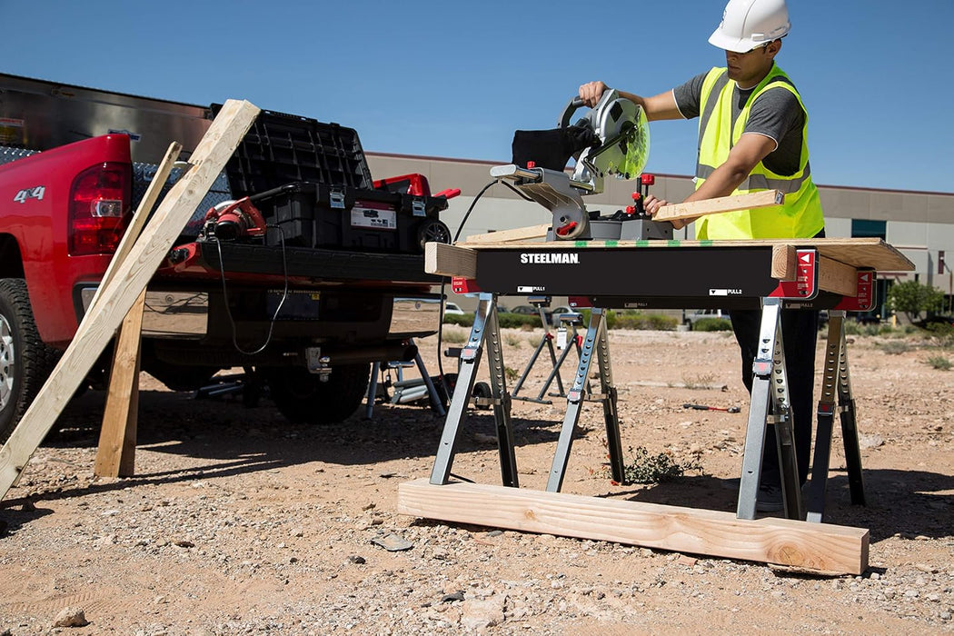Steelman 67104 Adjustable Height Work Table Folding Sawhorses, Durable Steel Construction, Folding Legs, 2x4 Table Support Arms, 2,600 lb. Combined Loading Capacity (Set of Two)