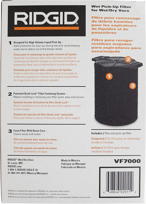 Ridgid VF7000 Genuine Replacement Foam Wet Application Only Vac Filter for Ridgid 5-20 Gallon Wet/Dry Vacuums