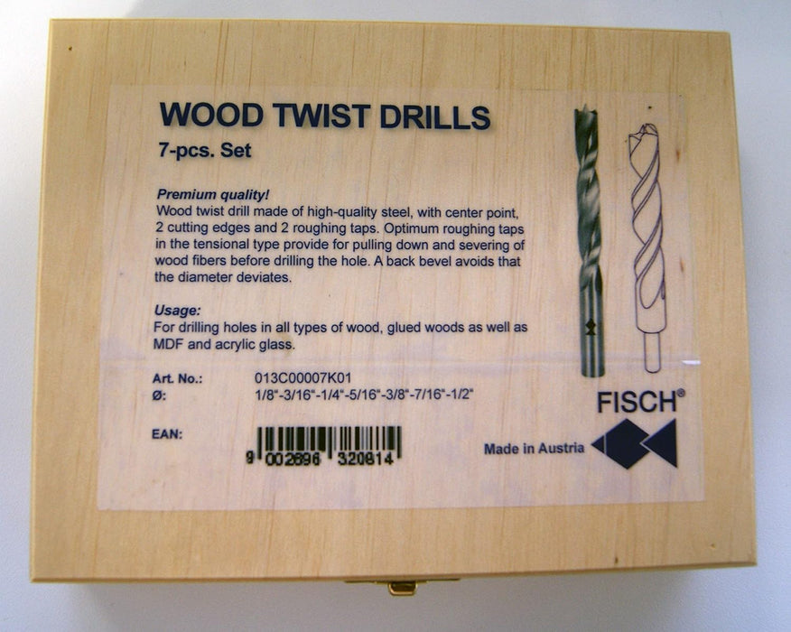 Fisch Brad Point Drill Bit Set, 7-Piece High Speed Steel Double Flute Wood Drill Bits, Sizes from 1/8" to 1/2", FSF-320814