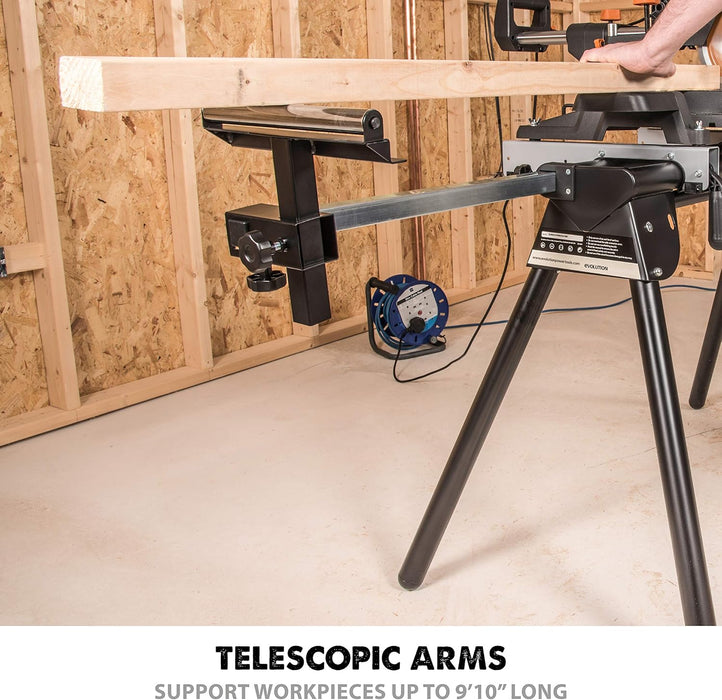 Evolution Power Tools EVOMS1 Miter Saw Stand Compact & Folding, Universal Fits Most Brands, Quick Release Mounting Brackets, Rollers, End Stops for Repeat Cutting , Black