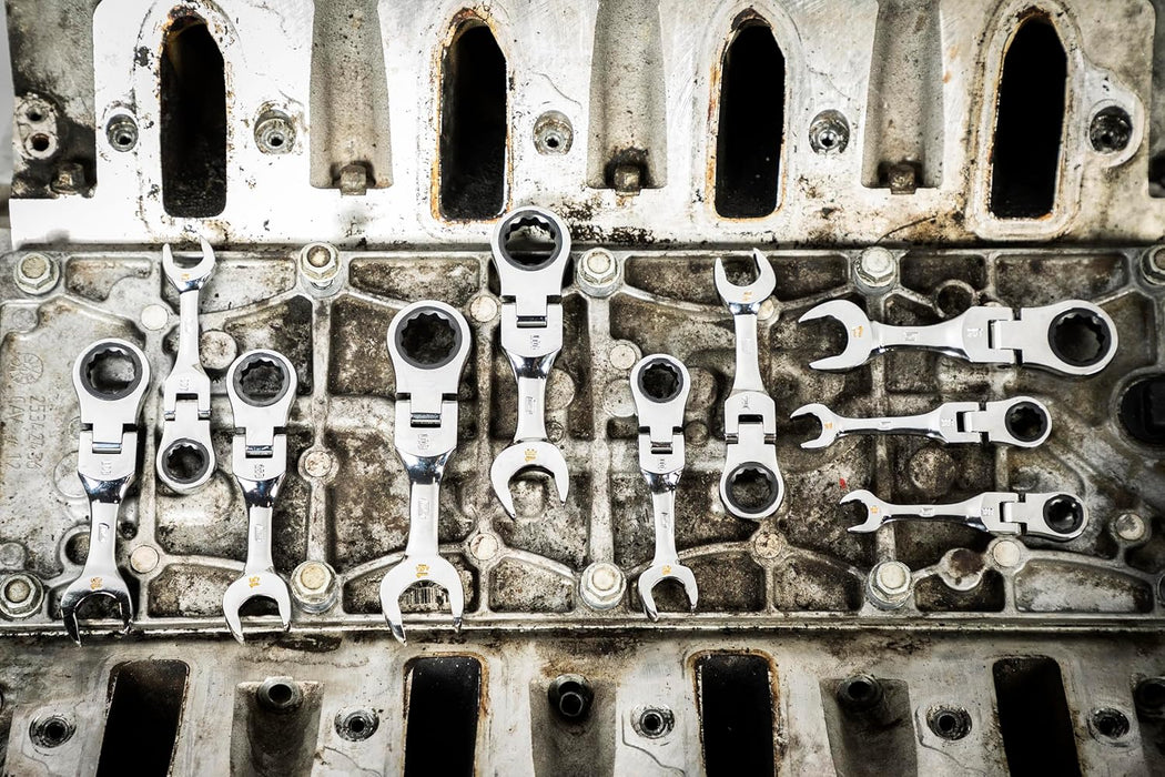 GEARWRENCH 10 Piece 90-Tooth 12 Point Stubby Flex Combination Ratcheting Wrench Set, Metric | 10mm - 19mm | 86870