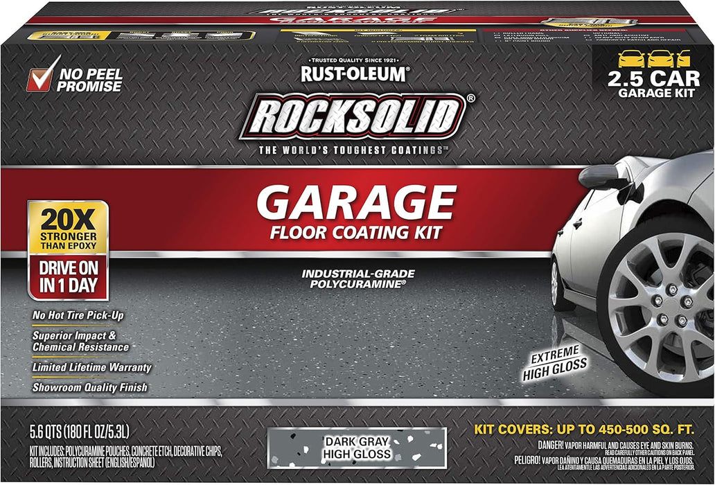 Rust-Oleum 317284 RockSolid Polycuramine Garage Floor Coating, 2.5 Car Kit, High Gloss Dark Gray