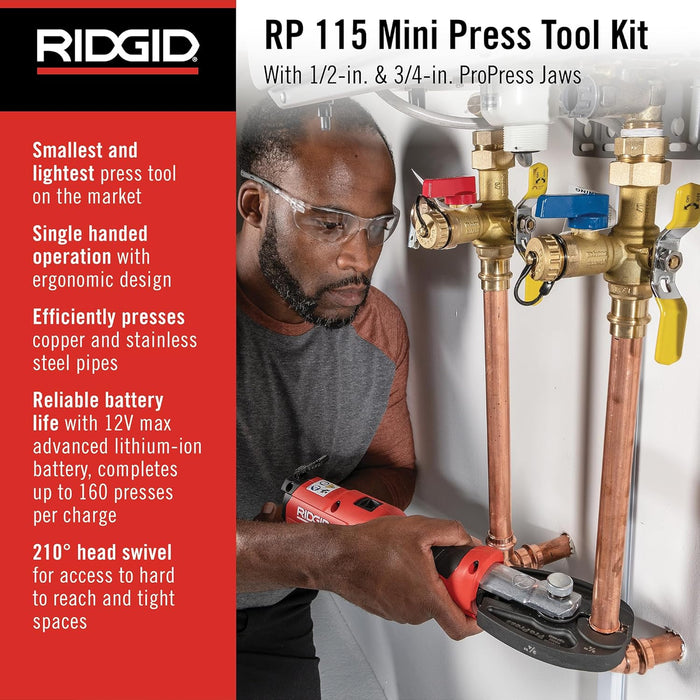 RIDGID (RP115) 72553 Mini Press Tool and Battery Kit with 1/2" to 3/4" ProPress Press Tool Jaws, 2V Li/Ion Battery, 12V Charger, and Carrying Case