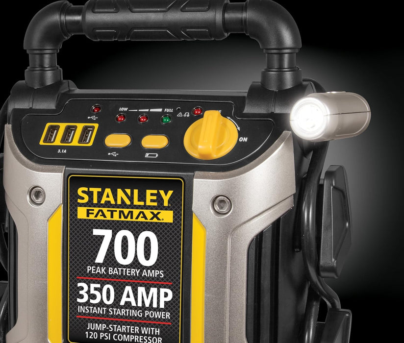 Stanley FATMAX J7CS Portable Power Station Jump Starter 700 Peak Amp Battery Booster, 120 PSI Air Compressor, 3.1A USB Ports, Battery Clamps