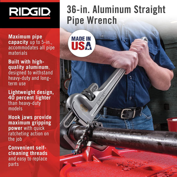 RIDGID (31110) Model 836 Aluminum Straight 36" Plumbing Pipe Wrench, Silver, Made In The USA